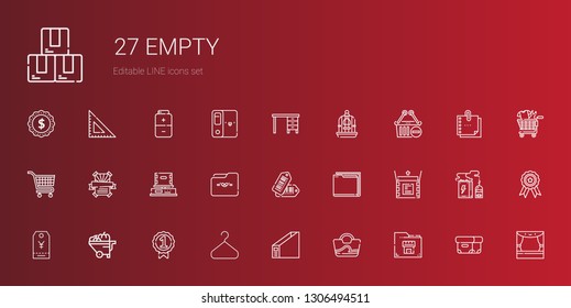 empty icons set. Collection of empty with folder, bag, hanger, badge, wheelbarrow, tag, unboxing, tags, box, poster, carts, shopping basket. Editable and scalable empty icons.