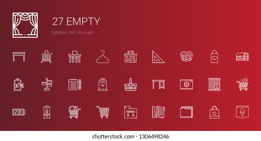 empty icons set. Collection of empty with folder, notes, carts, shopping cart, battery, table, basket, paper bin, note, signpost, price, frame. Editable and scalable empty icons.