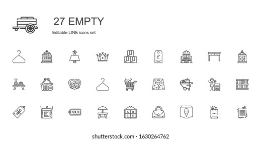 empty icons set. Collection of empty with poster, hand bag, rest area, tag, unboxing, wheelbarrow, paper bag, shopping cart, hanger, frame. Editable and scalable empty icons.