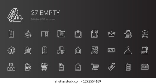 empty icons set. Collection of empty with tag, shopping cart, paper bin, tote bag, price, folder, battery, bag, cage, box, cart, label, crown. Editable and scalable empty icons.