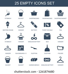 empty icons. Trendy 25 empty icons. Contain icons such as stomach, bucket, shopping bag, shopping basket, nesting house, hanger, battery, ticket on sale. empty icon for web and mobile.