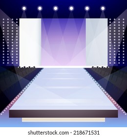 Empty illuminated fashion runway scene designer presentation poster vector illustration