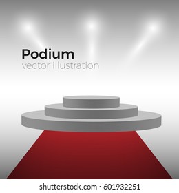 Empty illuminated podium with red carpet for award ceremony or any event. Vector illustration. 