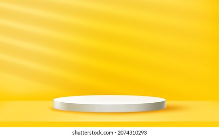 Empty illuminated room with circle platform and light beam. Realistic 3d vector illustration with shadow overlay effect