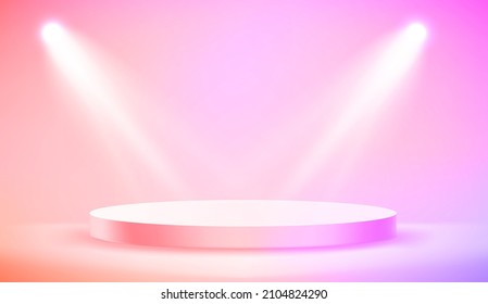 Empty illuminated room with circle platform and soffits. Realistic 3d style vector illustration
