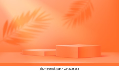 Empty illuminated room with two square platforms and shadows of leaves on the wall. Realistic 3d style vector illustration