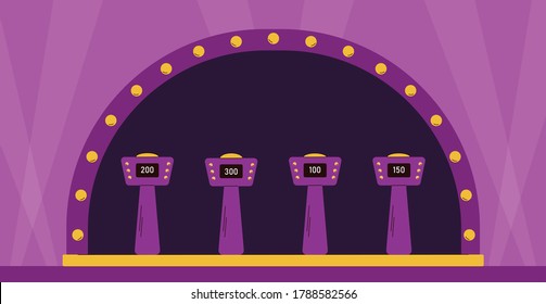 Empty Illuminated Stage For Shooting A Quiz TV Show With Stands For Players, Flat Cartoon Vector Illustration. Interior Background Of Quiz Entertaining Game.