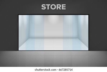 Empty illuminated store. Realistic exterior. Shop with glass showcase. View from the outside. Vector illustration.