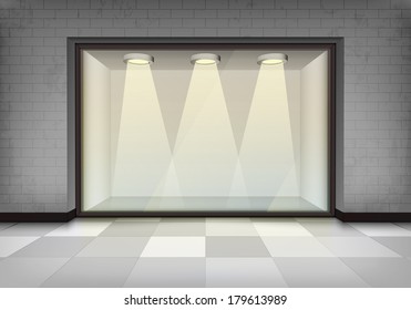 empty illuminated storefront vitrine vector concept illustration