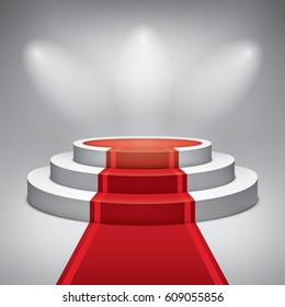 Empty illuminated three-level round podium. Red carpet. Award ceremony. 3d vector design object