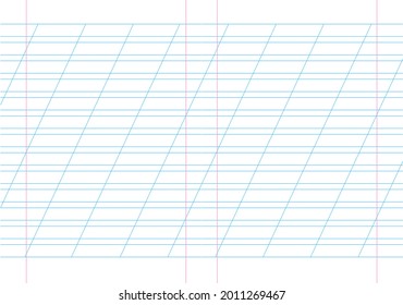 Empty incline lined pages notebook school blank pad, vector background. blue striped copybook. red ruled double sheet grid 