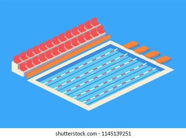 Empty indoor swimming pool isolated vector icon. Separated tracks for sportsmen, starting blocks for diving, places for spectators, cartoon emblem