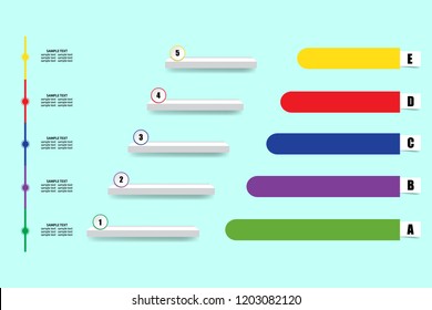 Empty infographic of stairs showing the five steps of process. Empty colorful paper labels are ready for your text.