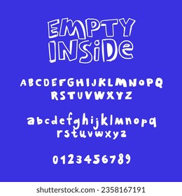 Empty inside is a fashionable modern children's playful font. English alphabet and numbers drawn by hand with a marker. Lettering. Latin alphabet. Vector alphabet on a blue background.