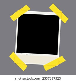 Empty instant photo frame fixed with yellow adhesive tape. Vector illustration