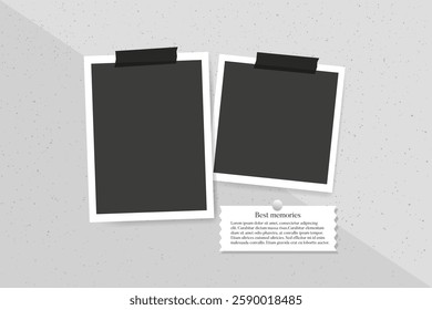 Empty instant photo frame mockup glued adhesive tape, paper note on a grey wall. Vintage snapshots layout for memory, nostalgia, or gallery concepts. Realistic digital design. Vector illustration