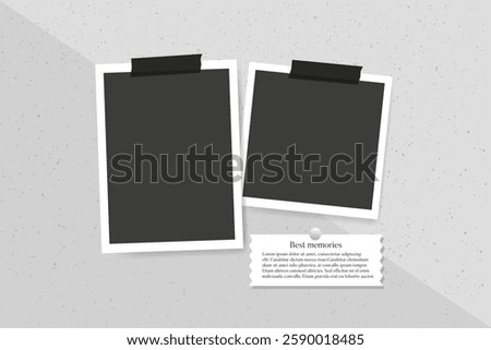 Empty instant photo frame mockup glued adhesive tape, paper note on a grey wall. Vintage snapshots layout for memory, nostalgia, or gallery concepts. Realistic digital design. Vector illustration