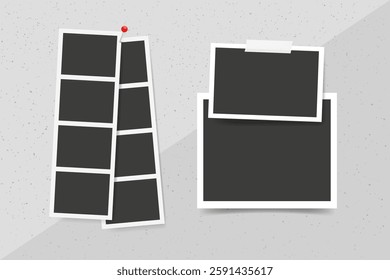 Empty Instant picture, photo booth strip frame collage on a gray wall. Realistic film photography digital design. Vintage snapshots layout for memory, nostalgia, event. Vector illustration