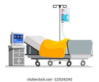 Empty Intensive Care Unit In Cartoon Style. Hospital Bed With Medical Equipment, Cardiac Monitor And Intravenous Drip. Healthcare And Treatment In Modern Clinic Vector Illustration