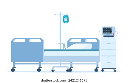 Empty intensive care unit. Hospital bed with medical equipment, cardiac monitor and intravenous drip. Healthcare and treatment in modern clinic. Vector illustration