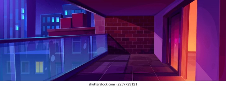 Empty interior of balcony with red brick wall and glass door with urban buildings outside. Summer terrace, night lounge with glass fence and city skyline view, vector cartoon illustration