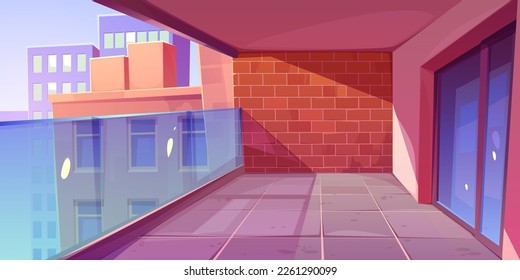 Empty interior of balcony with red brick wall and glass door with urban buildings outside. Summer terrace, lounge with glass fence and city skyline view, vector cartoon illustration