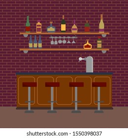 Empty interior of a brown bar counter with a beer pump faucet. On the brick wall shelf with glasses and liquid alcoholic drinks, rum, wine, tequila. Vector illustration isolated on white background.