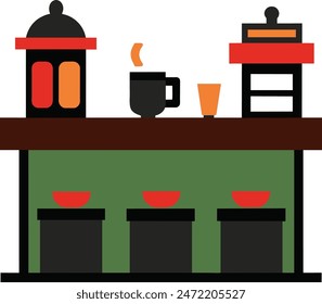 Empty café interior. Coffee shop with white bar counter, table and chairs. Flat design vector illustration, Coffee shop interior seller bakery taste sweets flat design vector illustration