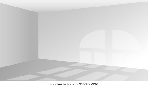 Empty interior corner. White walls hall, minimal apartment perspective, bright floor room 3d background, window sunlight shadow warehouse, blank room view