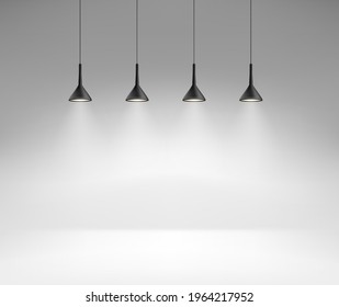 Empty interior with four bright lamps