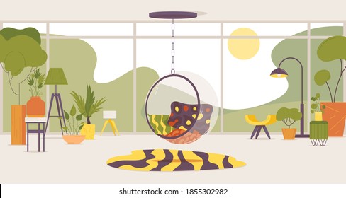 Empty interior with hanging bubble transparent chair, flower pots and elements good for comfortable lifestyle