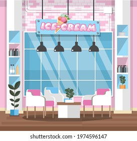 Empty interior ice-cream shop with Design Elements. Flat style illustration. Vector Illustration