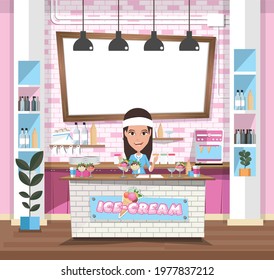 Empty interior ice-cream shop with Design Elements. Flat style illustration. Vector Illustration
