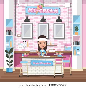 Empty interior ice-cream shop with Design Elements. Flat style illustration. Vector Illustration