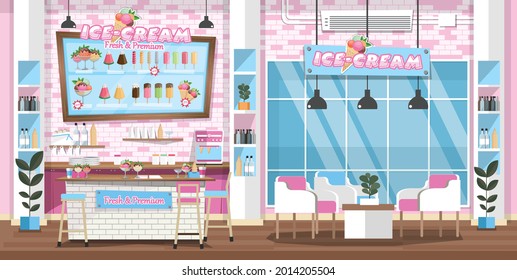 heladería interior vacía con elementos de diseño. Ilustración de estilo plano. Ilustración vectorial