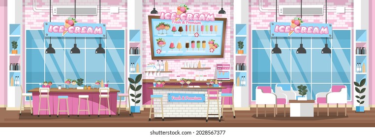 Empty interior ice  cream shop and Design Elements  Flat style illustration  Vector Illustration