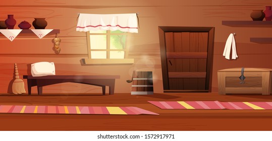 Empty interior of the Russian hut. Ancient Russian kitchen with stove, pots, bench, rug, broom, grip, window with curtain, carpet.  Vector cartoon illustration.