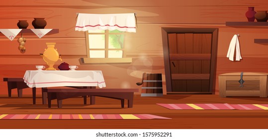 Empty interior of the Russian hut. Ancient Russian kitchen, pots, bench, rug, broom, grip, window with curtain, carpet.  Vector cartoon illustration.