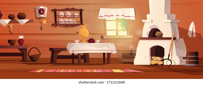 Empty interior of the Russian hut. Ancient Russian kitchen with stove, pots, bench, rug, broom, grip, window with curtain, carpet, samovar, tablecloth.  Vector cartoon illustration.