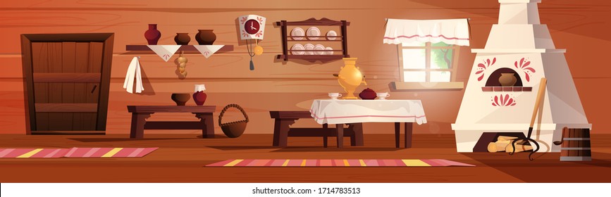 Empty interior of the Russian hut. Ancient Russian kitchen with stove, pots, bench, rug, broom, grip, window with curtain, carpet, samovar, tablecloth. Vector cartoon illustration.