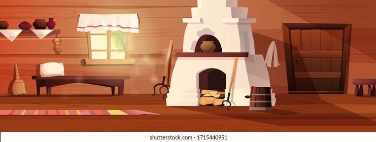 Empty interior of the Russian hut. Ancient Russian kitchen with stove, window with curtain, carpet, door. Vector cartoon illustration.