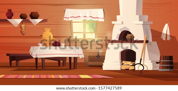 ロシアの小屋の空っぽの内部 ストーブ ポット ベンチ 絨毯 箒 グリップ カーテン付き窓 カーペット サモバー テーブルクロスを持つ古代ロシアの台所 ベクターカートーンイラスト のベクター画像素材 ロイヤリティフリー