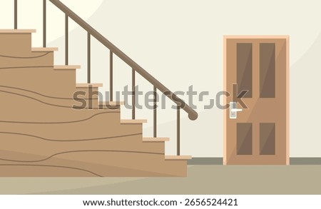 Empty interior with stairs, railings and door. Hallway or hall. House interior.