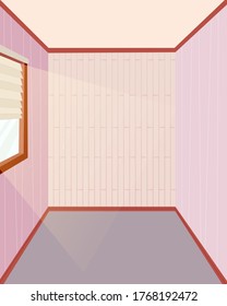 Empty interior with violet walls, window and beige curtain. Ready for game design, web, mobile app design. Vector cartoon flat illustration isolated on white background.