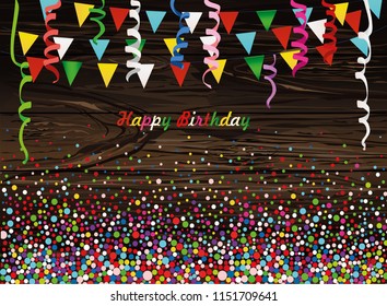 An empty invitation to a holiday in a heap of colorful confetti and garland of flags. Vector on wooden background. Place for text or advertising. Greeting card for birthday
