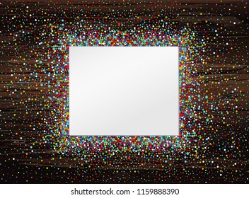 An empty invitation to a holiday in a heap of colorful confetti. Vector on wooden background. Place for text or advertising. Greeting card for birthday.