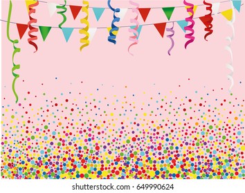 An empty invitation to a holiday in a heap of colorful confetti. Vector. Place for text or advertising. Greeting card for birthday
