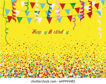 An empty invitation to a holiday in a heap of colorful confetti. Vector. Place for text or advertising. Greeting card for birthday