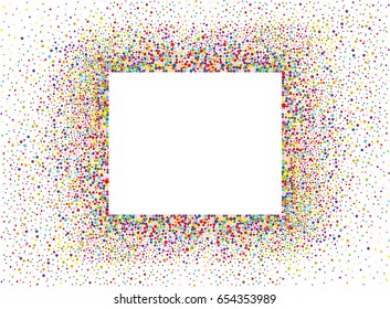 An empty invitation to a holiday in a heap of colorful confetti. Vector. Place for text or advertising. Greeting card for birthday
