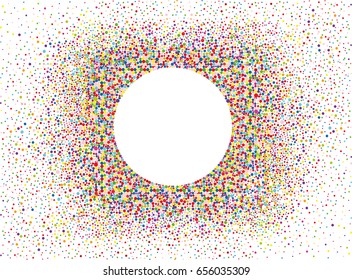 An empty invitation to a holiday in a heap of colorful confetti. Vector. Place for text or advertising. Greeting card for birthday